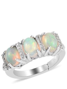 Ethiopian Welo Opal and Zircon Three Stone Ring